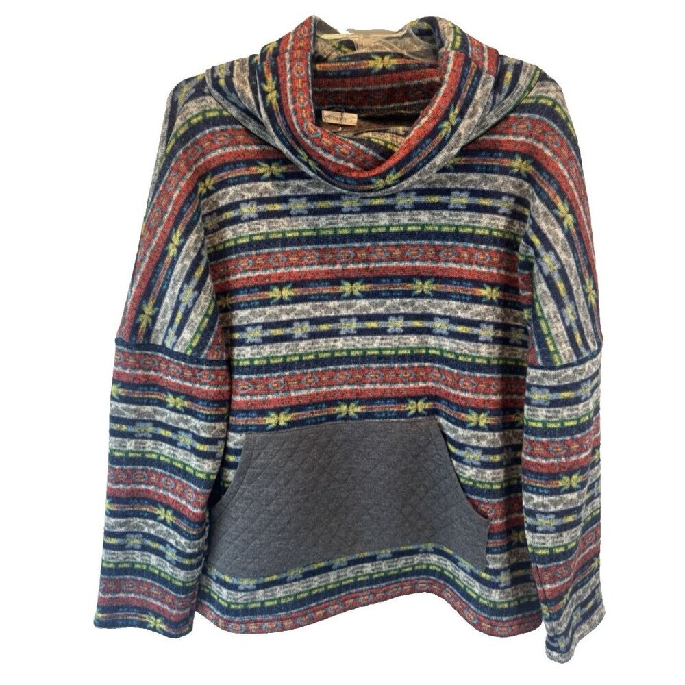 Andthewhy Colorful Southwest Aztec Western Print Cowlneck Womens‎ Sweater L NEW